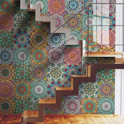 12/48pcs Mandala Style Tile Stickers, Decorative Waterproof Tile Stickers,Peel and Stick Vinyl Self-Adhesive Wall Decals ,for Kitchen Bathroom Living Room Furniture and Wall Decor