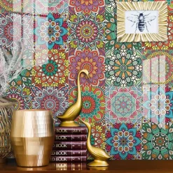 12/48pcs Mandala Style Tile Stickers, Decorative Waterproof Tile Stickers,Peel and Stick Vinyl Self-Adhesive Wall Decals ,for Kitchen Bathroom Living Room Furniture and Wall Decor
