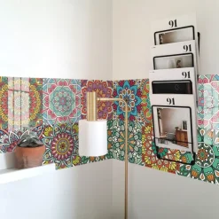 12/48pcs Mandala Style Tile Stickers, Decorative Waterproof Tile Stickers,Peel and Stick Vinyl Self-Adhesive Wall Decals ,for Kitchen Bathroom Living Room Furniture and Wall Decor