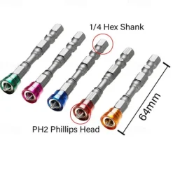 5PCS 65mm Anti-Slip Electric Magnetic Nut Driver Set 1/4 Inch Hex Shank S2 PH2 Magnetic Phillips Cross Screw Screwdriver Bits Set Electric Power Driver Bit Set Gift for Machinist