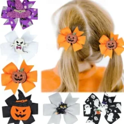 2pcs New Children's Bow Hair Clip Halloween Pumpkin Head Witch Hat Swallowtail Bow Clip