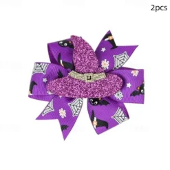 2pcs New Children's Bow Hair Clip Halloween Pumpkin Head Witch Hat Swallowtail Bow Clip