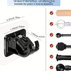 16PCS No-Drill Curtain Rod Brackets - Self-Adhesive Plastic Hooks, Universal Wall Mount for Bathroom, Kitchen, Home, and Hotel