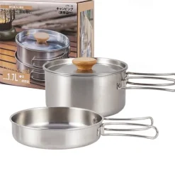 2Pcs of Set Outdoor Mountaineering 304 Stainless Steel Folding Handle Pot Durable Portable Lightweight Camp Cooking Pot for Hiking Backpacking Camping Gear Easy to Store and Carry