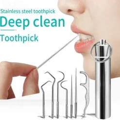 7Pcs Portable Stainless Steel Toothpicks Pocket Set Reusable Metal Toothpicks Cleaning Kit with Holder for Outdoor Picnic Camping Traveling