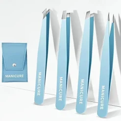 4pcs Professional Precision Slant And Pointed Tip Tweezers Set Eyebrow Plucker Tools For Ingrown Hair, Hair Removal Tweezers With Leather