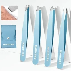 4pcs Professional Precision Slant And Pointed Tip Tweezers Set Eyebrow Plucker Tools For Ingrown Hair, Hair Removal Tweezers With Leather