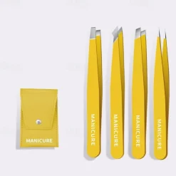 4pcs Professional Precision Slant And Pointed Tip Tweezers Set Eyebrow Plucker Tools For Ingrown Hair, Hair Removal Tweezers With Leather