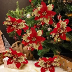 50pcs Red Poinsettia Flower Artificial Christmas Decor, Glitter Poinsettia Christmas Tree Flower Decoration, DIY Xmas Wreath Decor