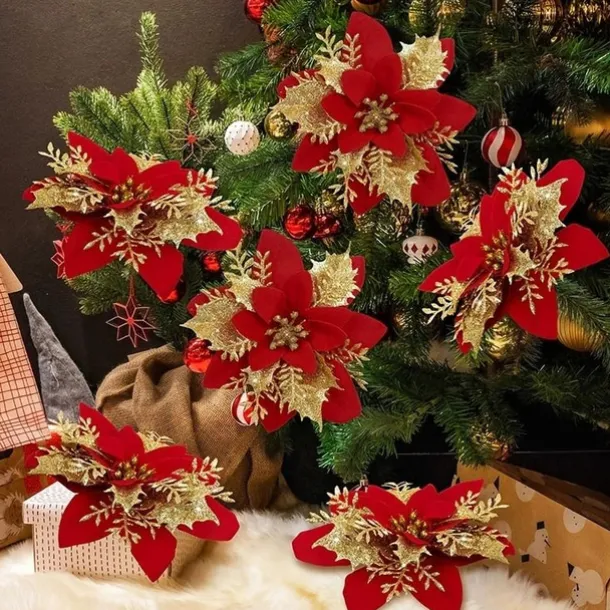 50pcs Red Poinsettia Flower Artificial Christmas Decor, Glitter Poinsettia Christmas Tree Flower Decoration, DIY Xmas Wreath Decor