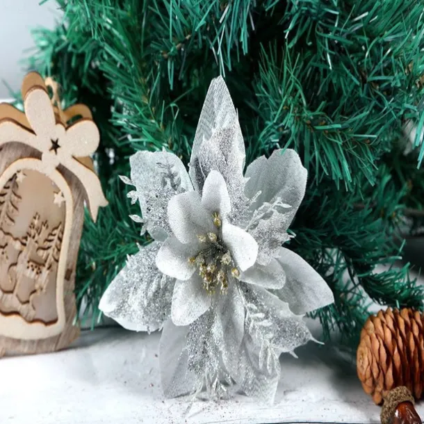 50pcs Red Poinsettia Flower Artificial Christmas Decor, Glitter Poinsettia Christmas Tree Flower Decoration, DIY Xmas Wreath Decor