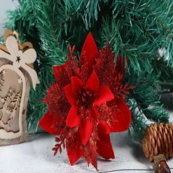 50pcs Red Poinsettia Flower Artificial Christmas Decor, Glitter Poinsettia Christmas Tree Flower Decoration, DIY Xmas Wreath Decor