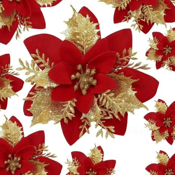 50pcs Red Poinsettia Flower Artificial Christmas Decor, Glitter Poinsettia Christmas Tree Flower Decoration, DIY Xmas Wreath Decor