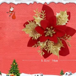 50pcs Red Poinsettia Flower Artificial Christmas Decor, Glitter Poinsettia Christmas Tree Flower Decoration, DIY Xmas Wreath Decor