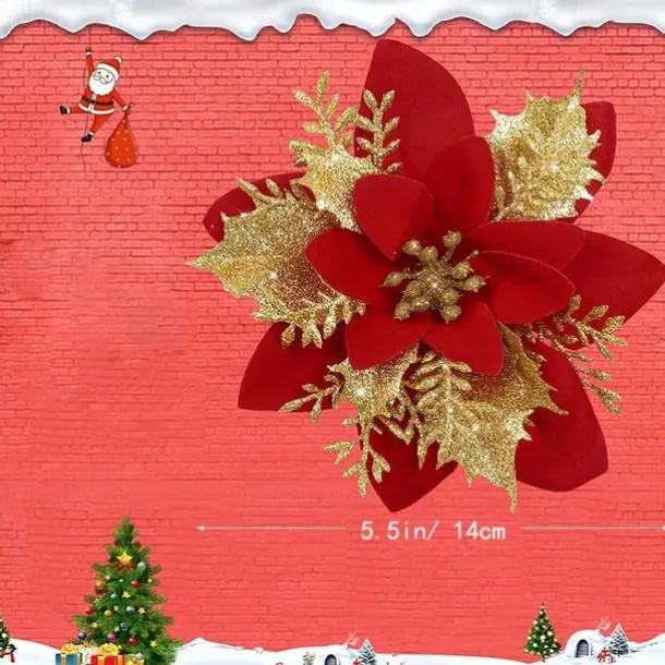 50pcs Red Poinsettia Flower Artificial Christmas Decor, Glitter Poinsettia Christmas Tree Flower Decoration, DIY Xmas Wreath Decor