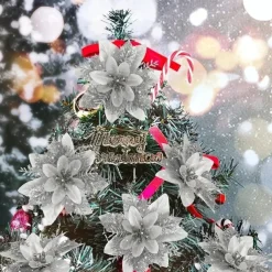 50pcs Red Poinsettia Flower Artificial Christmas Decor, Glitter Poinsettia Christmas Tree Flower Decoration, DIY Xmas Wreath Decor