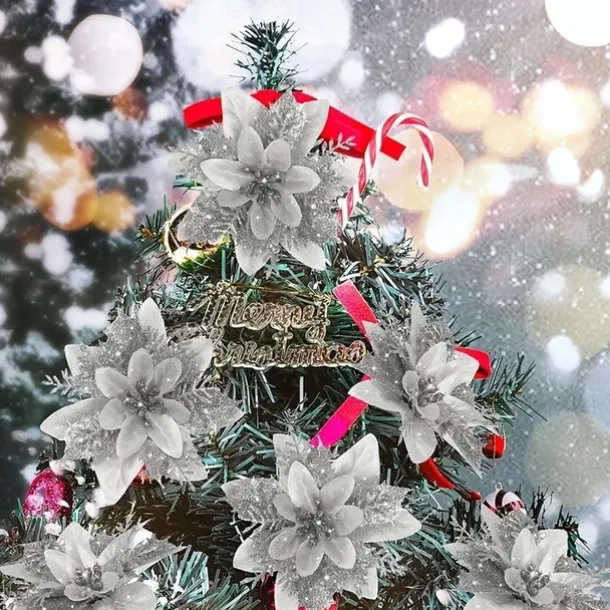 50pcs Red Poinsettia Flower Artificial Christmas Decor, Glitter Poinsettia Christmas Tree Flower Decoration, DIY Xmas Wreath Decor