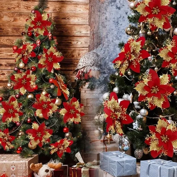 50pcs Red Poinsettia Flower Artificial Christmas Decor, Glitter Poinsettia Christmas Tree Flower Decoration, DIY Xmas Wreath Decor