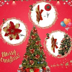 50pcs Red Poinsettia Flower Artificial Christmas Decor, Glitter Poinsettia Christmas Tree Flower Decoration, DIY Xmas Wreath Decor