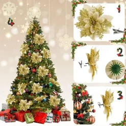 50pcs Red Poinsettia Flower Artificial Christmas Decor, Glitter Poinsettia Christmas Tree Flower Decoration, DIY Xmas Wreath Decor