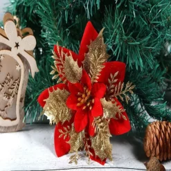 50pcs Red Poinsettia Flower Artificial Christmas Decor, Glitter Poinsettia Christmas Tree Flower Decoration, DIY Xmas Wreath Decor