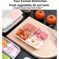 2pcs Refrigerator Storage Box Four Sections Divided Food Crisper Food Grade Sealed Box Food Meat Frozen Box Onion Ginger Garlic Prepared Vegetables Refrigerated Crisper Box Kitchen Supplies