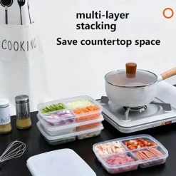 2pcs Refrigerator Storage Box Four Sections Divided Food Crisper Food Grade Sealed Box Food Meat Frozen Box Onion Ginger Garlic Prepared Vegetables Refrigerated Crisper Box Kitchen Supplies