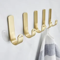 5PCS Robe Hook Brass Self Adhesive Brushed Golden Wall Mounted Hook For Bathroom/Kitchen