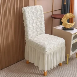 4PCS Seersucker Dining Room Chair Covers Slipcovers with Skirt Stretch Washable Seat Covers Protector, Cream
