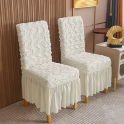 4PCS Seersucker Dining Room Chair Covers Slipcovers with Skirt Stretch Washable Seat Covers Protector, Cream