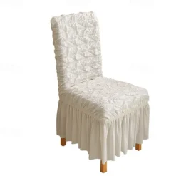4PCS Seersucker Dining Room Chair Covers Slipcovers with Skirt Stretch Washable Seat Covers Protector, Cream
