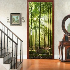 2pcs Self-adhesive Creative Waterproof Green Wood Door Stickers For Living Room Diy Decoration Home Waterproof Wall Stickers 30.3“x78.7“(77x200cm)