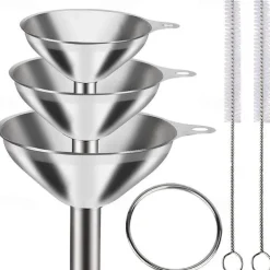 3/5pcs Stainless Steel Funnels For Kitchen Use, Large Tiny Small Funnel Set Of 3, Metal Cooking Powder Food Grade Flask Funnels For Filling Bottles Liquor Water Spice, 2pcs Cleaning Brushes