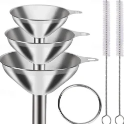 3/5pcs Stainless Steel Funnels For Kitchen Use, Large Tiny Small Funnel Set Of 3, Metal Cooking Powder Food Grade Flask Funnels For Filling Bottles Liquor Water Spice, 2pcs Cleaning Brushes