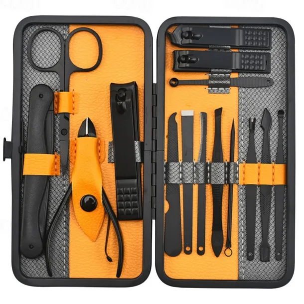 10/15/20/25pcs Stainless Steel Makeup Kit & Manicure set, Nail Clipper Set, With Black Leather Travel For Men & Women