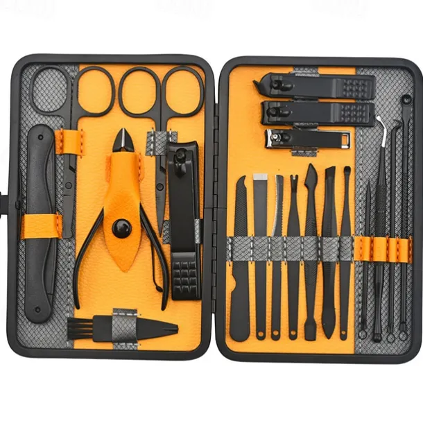 10/15/20/25pcs Stainless Steel Makeup Kit & Manicure set, Nail Clipper Set, With Black Leather Travel For Men & Women