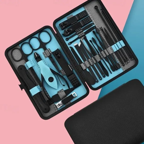 10/15/20/25pcs Stainless Steel Makeup Kit & Manicure set, Nail Clipper Set, With Black Leather Travel For Men & Women