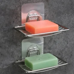 2pcs Stainless Steel Soap Dish Holder Self Adhesive Wall Mounted Soap Sponge Holder Soap Saver Rack For Home Kitchen Bathroom Shower Bathroom Accessories