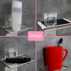 2pcs Stainless Steel Soap Dish Holder Self Adhesive Wall Mounted Soap Sponge Holder Soap Saver Rack For Home Kitchen Bathroom Shower Bathroom Accessories