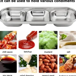 2/4pcs Stainless Steel Soy Sauce Dish Dipping Bowls 3 Grids Divided Sauce Dishes Side Dishes for Soy Sauce Ketchup Seasoning Sushi (3 Grid)