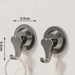 2PCS Suction Cup Heart Hooks, No-Drill Vacuum Wall Hooks, Strong Adhesive Single Hooks for Kitchen, Bathroom, and Door Back Storage