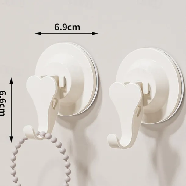 2PCS Suction Cup Heart Hooks, No-Drill Vacuum Wall Hooks, Strong Adhesive Single Hooks for Kitchen, Bathroom, and Door Back Storage