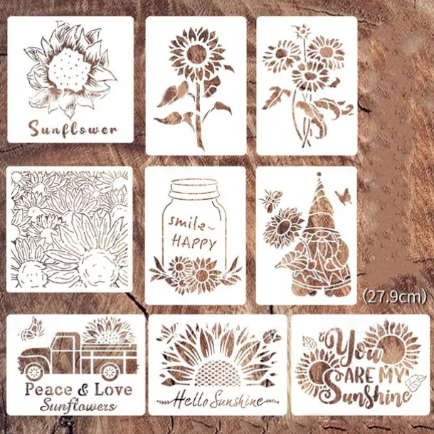 9pcs Sunflowers Painting Stencils Reusable Stencils Wall Stencils DIY Craft Stencils (Flower Theme)