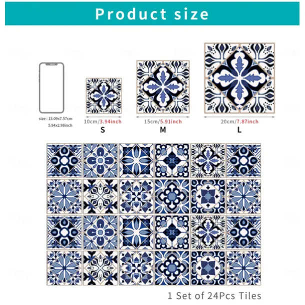 24/48pcs Waterproof Creative Kitchen Bathroom Living Room Self-adhesive Wall Stickers Waterproof Fashion Blue Nordic Tile Stickers