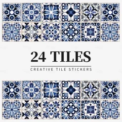 24/48pcs Waterproof Creative Kitchen Bathroom Living Room Self-adhesive Wall Stickers Waterproof Fashion Blue Nordic Tile Stickers