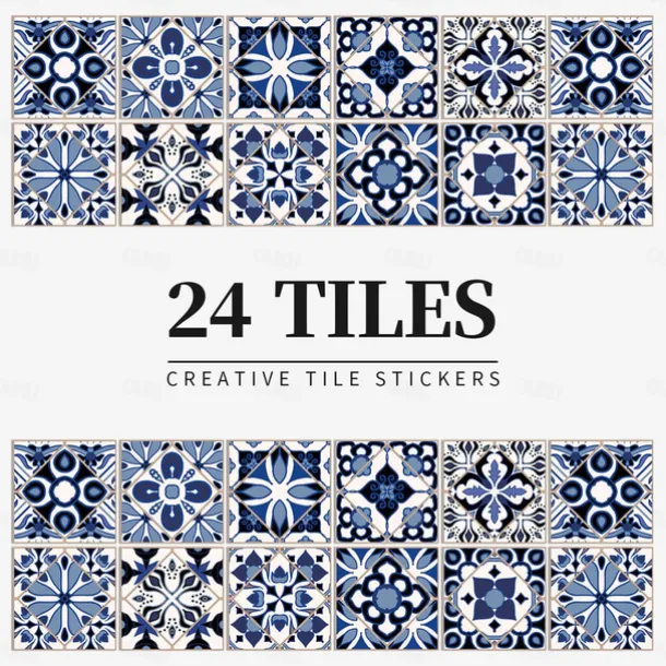 24/48pcs Waterproof Creative Kitchen Bathroom Living Room Self-adhesive Wall Stickers Waterproof Fashion Blue Nordic Tile Stickers