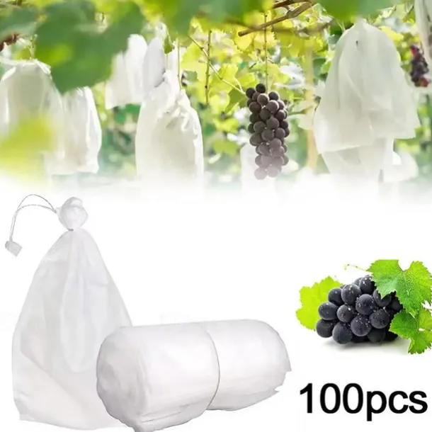 100pcs White Fruit Protection Bags 30x20cm/11.8x7.9 inch Fruit Cover Mesh Bag with Drawstring Protecting Vegetables and Fruits from Birds and Pests Non-woven Cloth Strawberry Grape Grow Bags Antifr