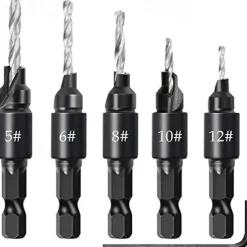 5pcs Woodworking Countersink Drill Bit Set, With 1/4" Hex Shank For DIY Woodworking With One L-Wrench #5 #6 #8 #10 #12