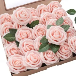 25pcs/set Artificial Flowers Wedding Decoration Rose Bouquets Valentine's Day Gift Real Looking Ivory Foam Fake Roses with Stems for DIY Wedding Bouquets White Bridal