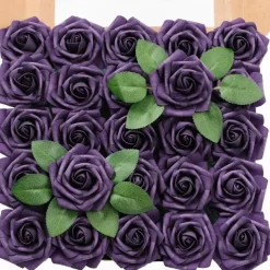 25pcs/set Artificial Flowers Wedding Decoration Rose Bouquets Valentine's Day Gift Real Looking Ivory Foam Fake Roses with Stems for DIY Wedding Bouquets White Bridal